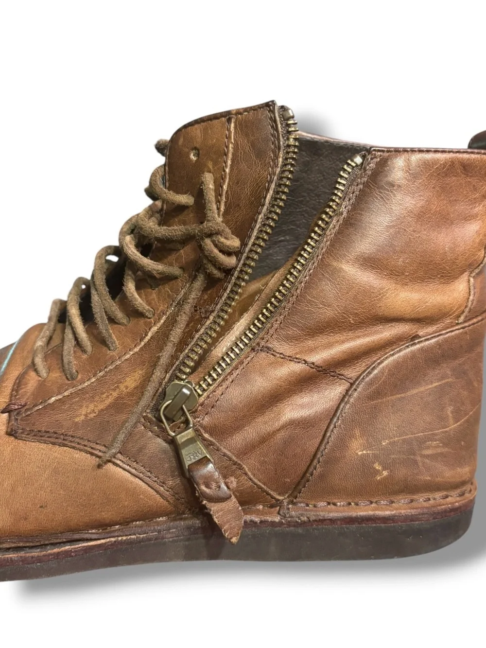 JOHN VARVATOS Brown Leather Boots Barrett Side Zip Lace up Distressed Size 10 Men main image 4